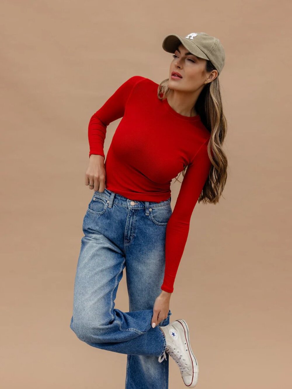 Roolee Red Slim Long Sleeve Crewneck Top